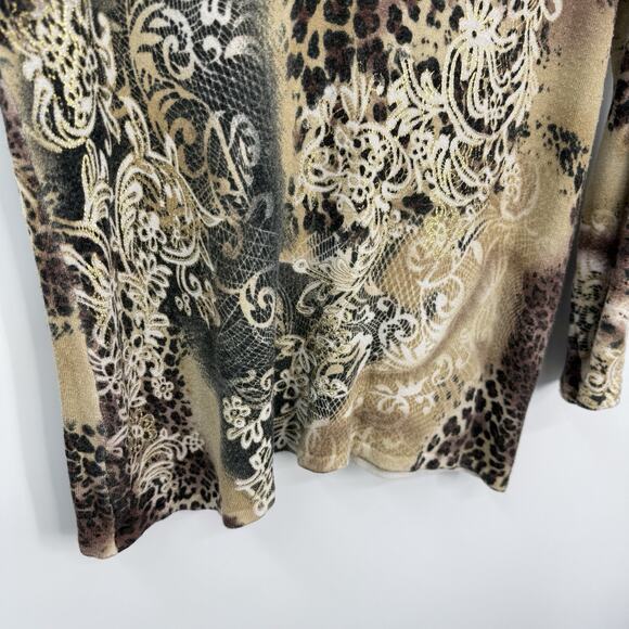 Cache animal artsy pattern knit high neck top size large Brown Gold Long Sleeve - Picture 4 of 11